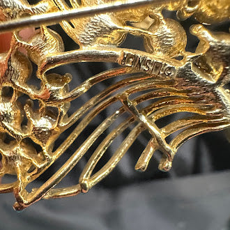 Signed Lisner gold-tone floral spray brooch and clip-on earrings with clear rhinestones, view 6