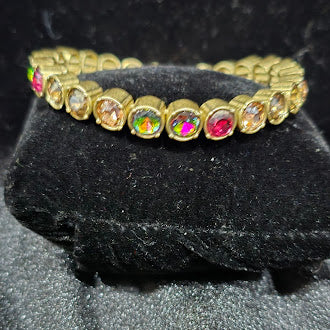 Vintage Style Stella & Dot Gold Tone Multicolor Rhinestone Bracelet with Bezel Set Crystal Line, Rainbow Sparkle, Curated Estate Glam, 24g