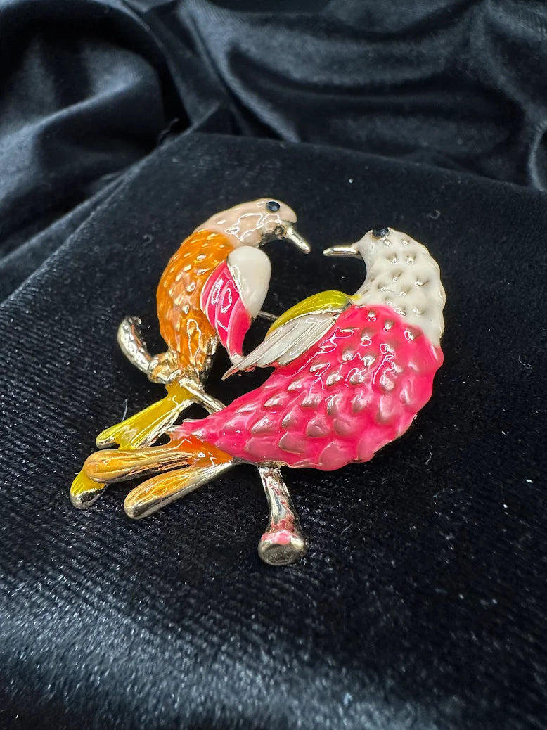 Gold-tone double lovebird brooch with pink, orange, yellow and white enamel, view 3