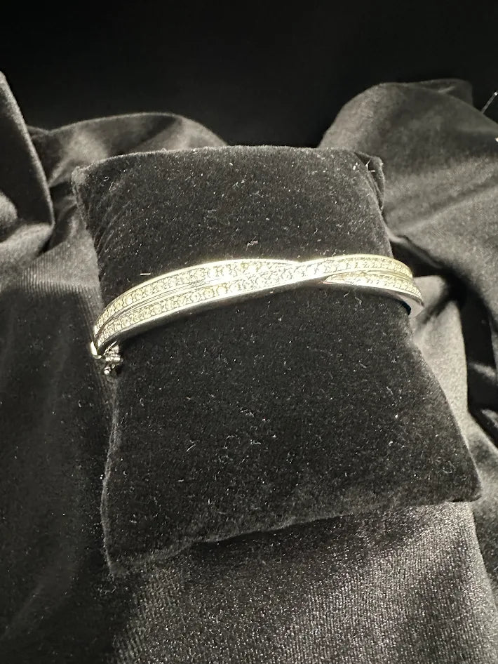 Signed Silver Tone Clear Crystal Crossover Hinged Bracelet