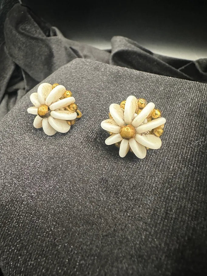 White daisy clip earrings with gold-tone centers and bead trim, view 5