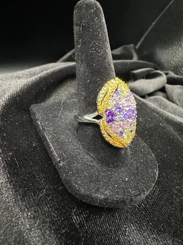 925 Sterling Silver Multi Color Gemstone Ring Size 7 Rhodium Gold Accent Statement Cocktail Ring