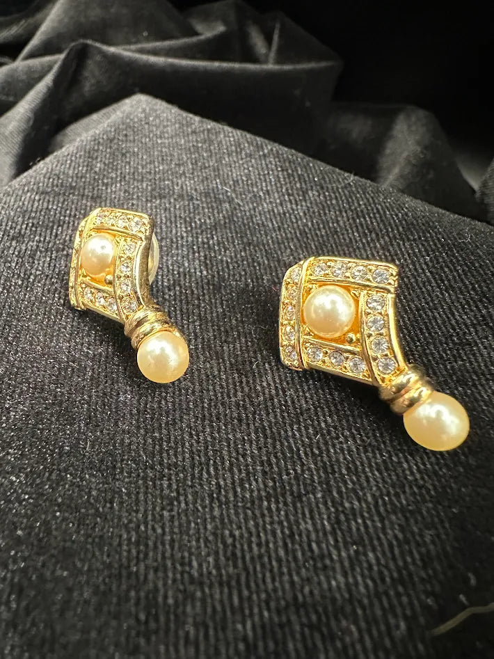 Gold-tone geometric drop earrings with clear crystals, faux pearl center and faux pearl drop, view 5