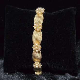 Vintage Trifari Gold Tone Ribbon Link Bracelet with UV Reactive Faux Pearls, Textured Satin Finish, Classic Estate Designer Style