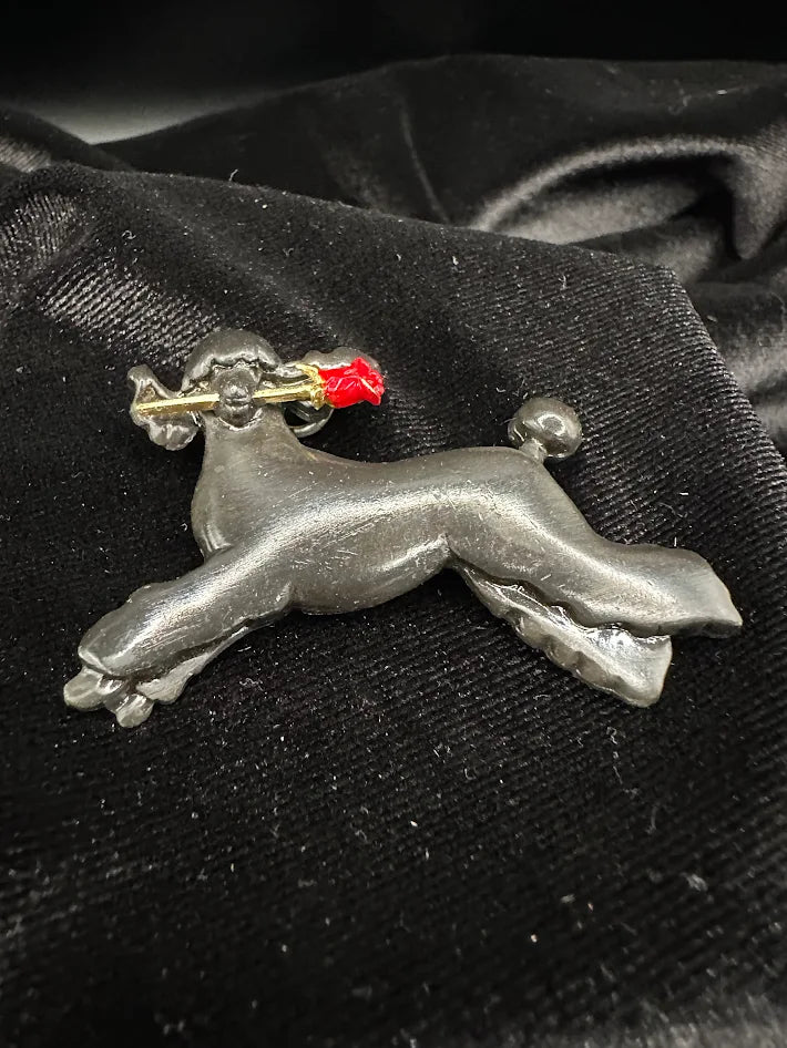 Signed Shields pewter-tone leaping poodle brooch holding a red rose, view 2