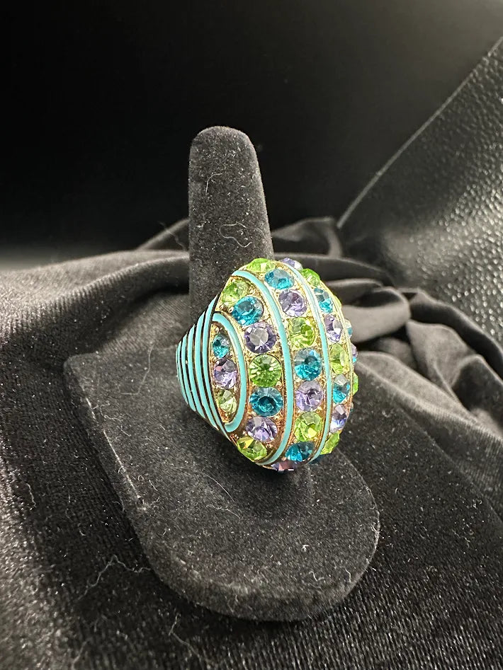 Akkad Gold Tone Multicolor Crystal Dome Ring Turquoise Stripe Statement Ring Bold Cocktail Ring