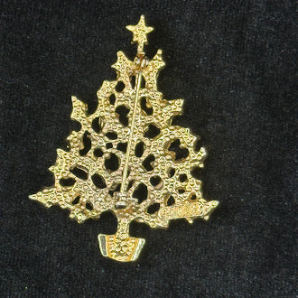Gold Tone Christmas Tree Brooch with Green Enamel Leaves and Clear Rhinestones