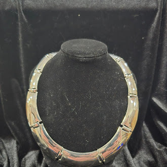 Silver Tone Statement Collar Necklace Geometric Panel Bib Necklace Bold Chunky Vintage Style Runway Modernist Jewelry