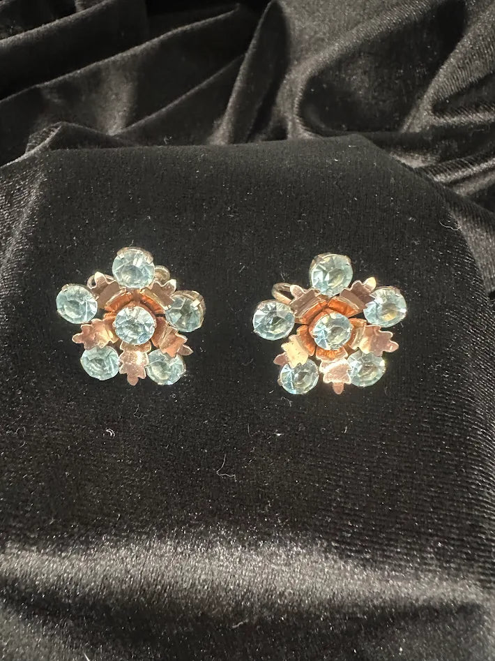 Gold-tone floral cluster screw back earrings with blue faceted crystals, view 3