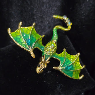 Gold Tone Green Flying Dragon Brooch Enamel Dragon Pin Green Wings Rhinestone Accents Fantasy Creature Jewelry Safety Clasp