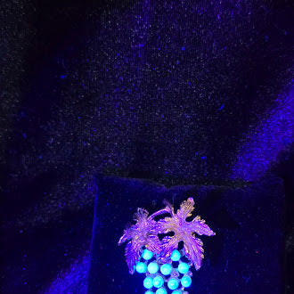 Gold Tone Grape Brooch UV Reactive Cluster Pin Faux Pearl Grapes Leaf Vine Design Vintage Style Jewelry Safety Clasp