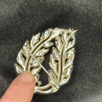 circa 1960s Crown Trifari Gold Tone Blue Enamel Leaf Wreath Brooch Botanical Pin Signed