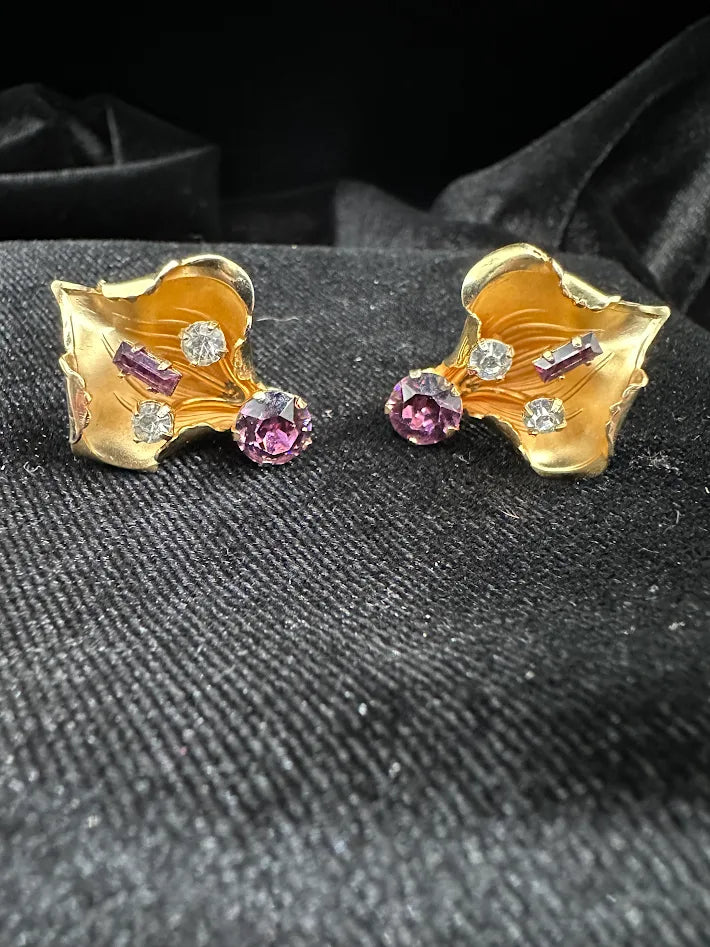 Gold-tone orchid screw back earrings with purple rhinestone and clear accent stones, view 5
