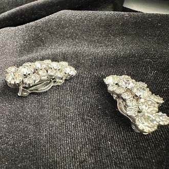 Silver-tone clip-on earrings with clustered clear rhinestones, view 3