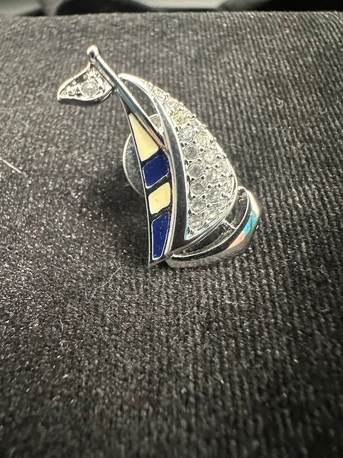 Swarovski Silver Tone Crystal Sailboat Brooch | Nautical Designer Pin
