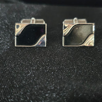 Swank Silver Tone Square Cufflinks Black Inlay Geometric Mid-Century Men’s Jewelry