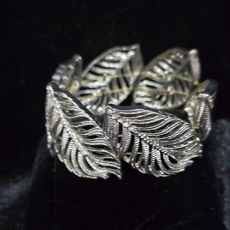 Silver Tone Leaf Stretch Bracelet with Openwork Filigree Leaves, Botanical Statement Design, Curated Estate Inspired Glam
