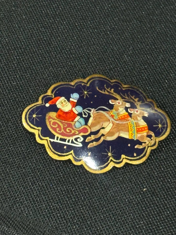 Vintage Hand Painted Russian Santa Sleigh Brooch Enamel Holiday Pin Signed S.L.