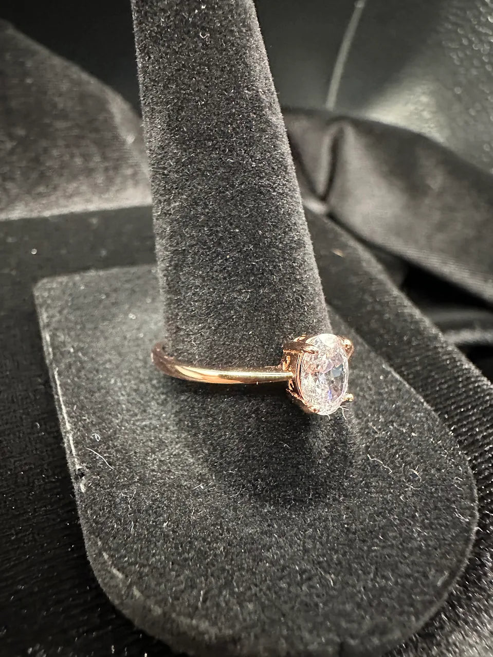 Rose Gold Tone Clear Crystal Solitaire Ring Oval Bridal Inspired Design