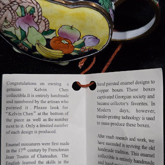 (SOLD) Kelvin Chen Enamel on Copper Miniature Teapot Hand Painted Fruit Basket Design Numbered 1998 with Box Certificate