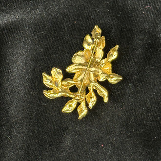 Gold Tone Floral Spray Brooch with Pink Rhinestone Flower and Leafy Branch Design