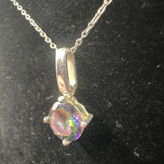 925 Sterling Silver Mystic Topaz Pendant Necklace 16” Round Cut Rainbow Crystal Solitaire