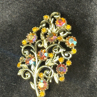 Gold-tone filigree floral spray brooch with aurora borealis rhinestones, view 3