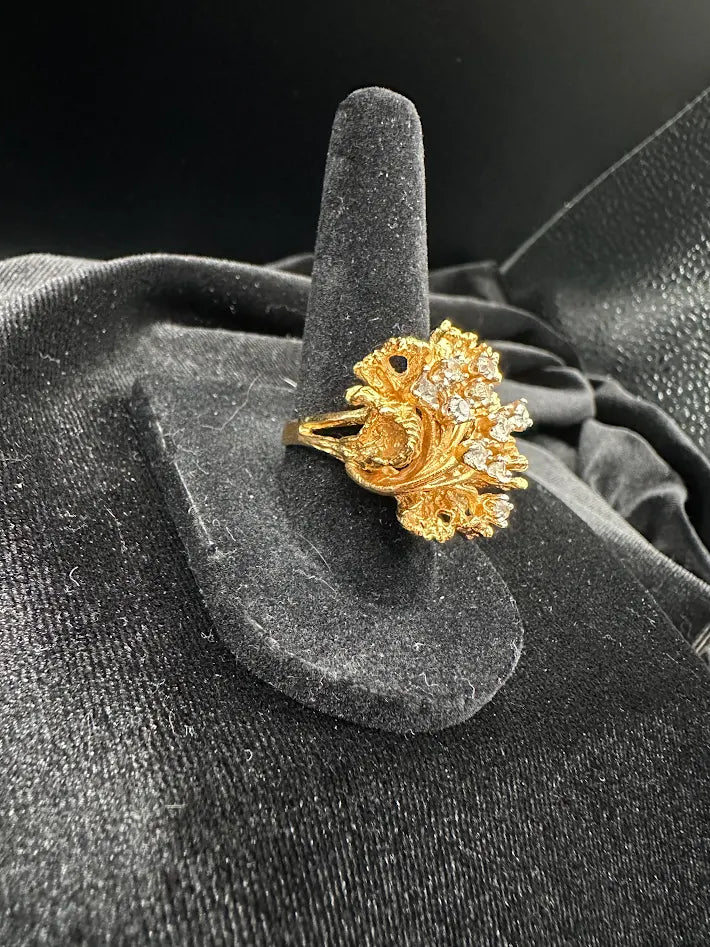 Vintage Gold Tone Leaf Cluster Ring Clear Rhinestone Statement Ring Floral Cocktail Ring