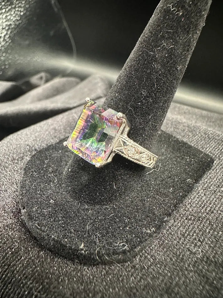 Sterling Silver Mystic Quartz Ring | Peacock Rainbow Faceted Stone | Size 8 Statement Ring