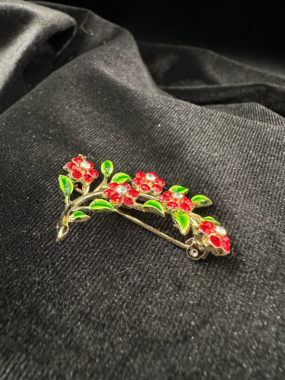 Gold Tone Red Crystal Flower Branch Brooch