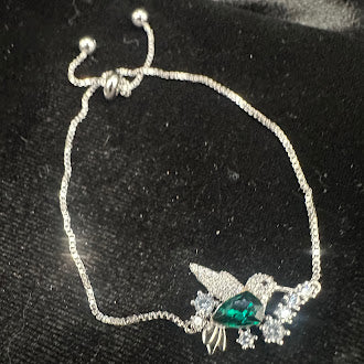 S925 Sterling Silver Green Crystal Bird Bracelet Adjustable Slider Chain Design