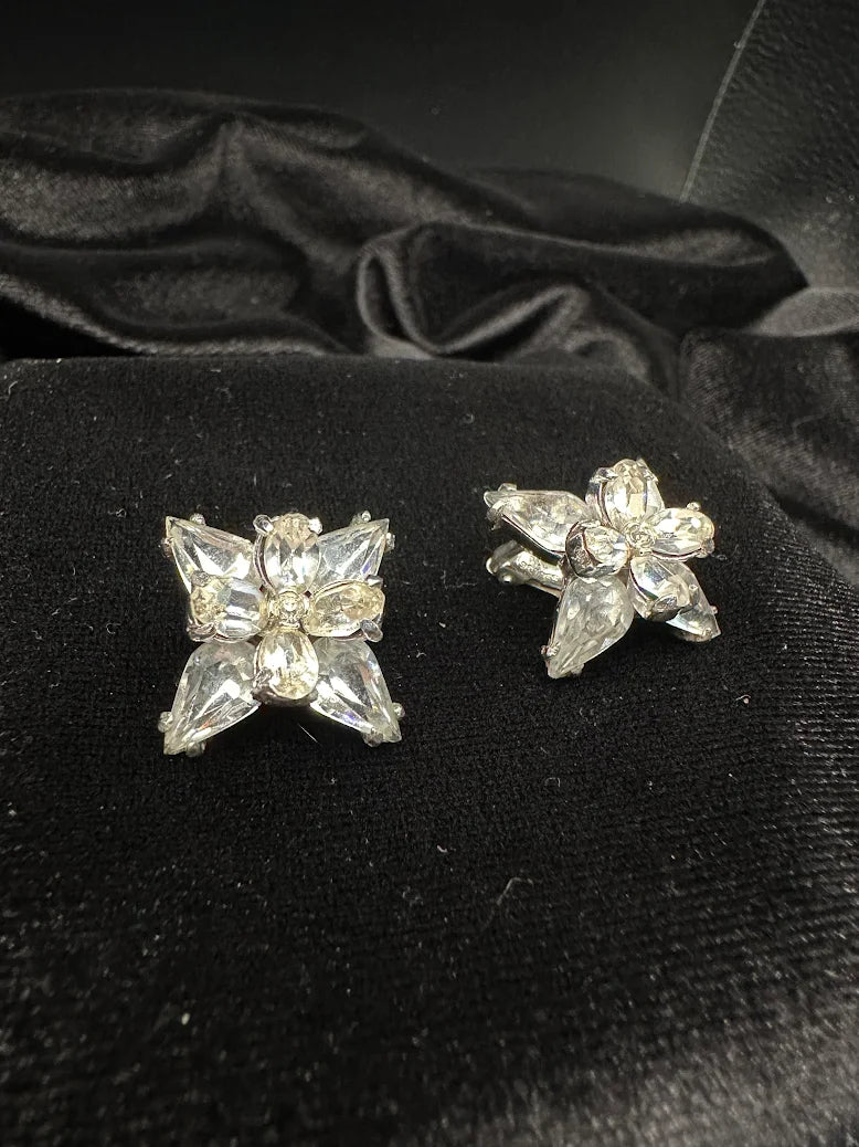 Signed Hollycraft silver-tone floral starburst clip earrings with clear rhinestones, view 4