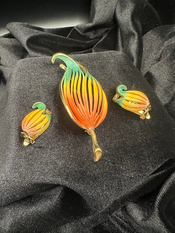 Vintage Gold Tone Tulip Brooch and Clip Earring Set | Enamel Floral Jewelry Set