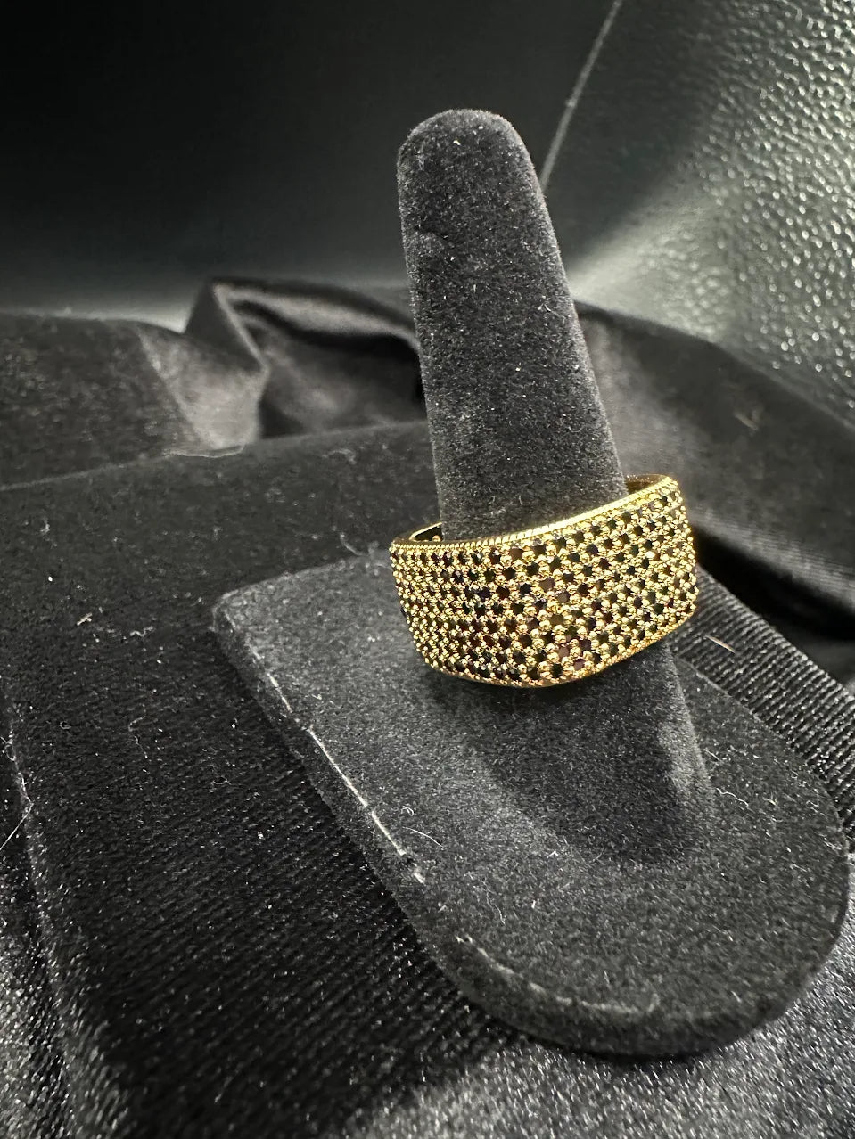 Gold Tone Black Crystal Square Statement Ring Wide Cocktail Design