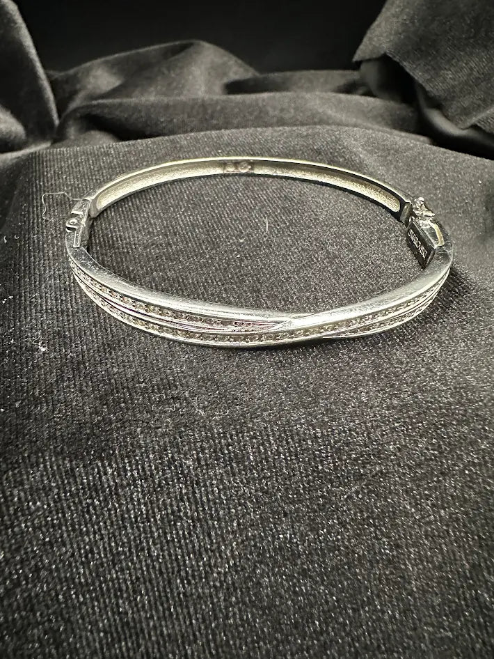 Signed Silver Tone Clear Crystal Crossover Hinged Bracelet
