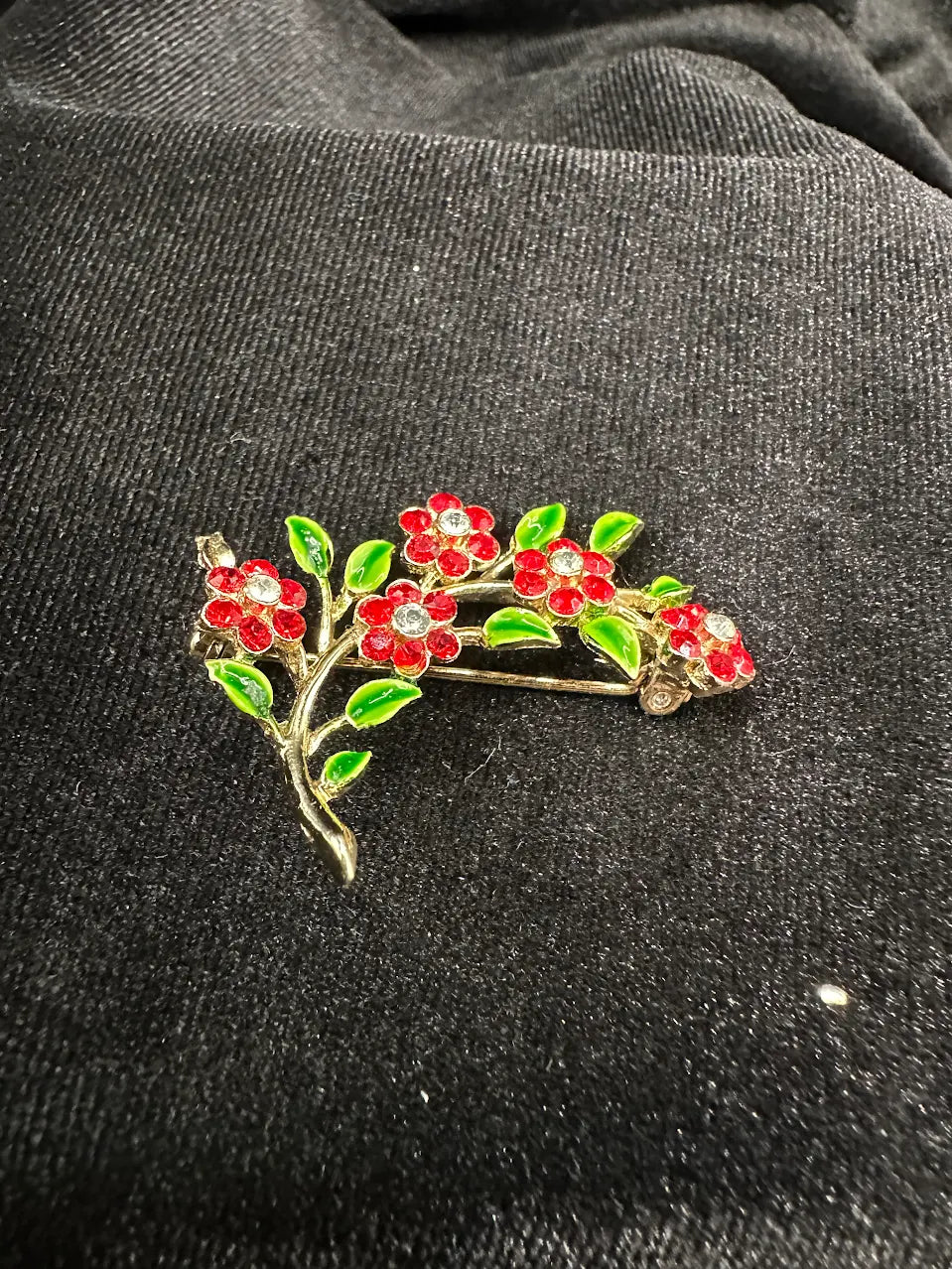 Gold Tone Red Crystal Flower Branch Brooch