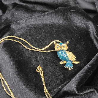 Gold Tone Blue Enamel Owl Pendant Necklace Crystal Eyes Whimsical Bird Jewelry