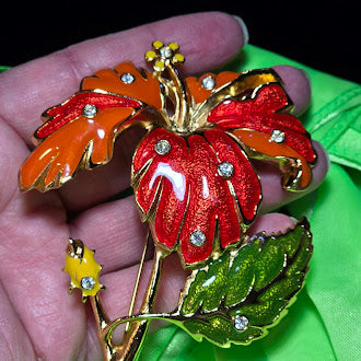 1994 Barrera for Avon Hibiscus Brooch Large Enamel Flower Pin Gold Tone Rhinestone Statement Brooch