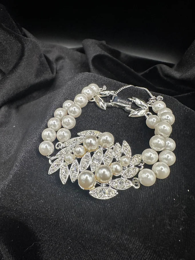 Simons double strand faux pearl necklace with silver-tone crystal leaf pendant, view 3