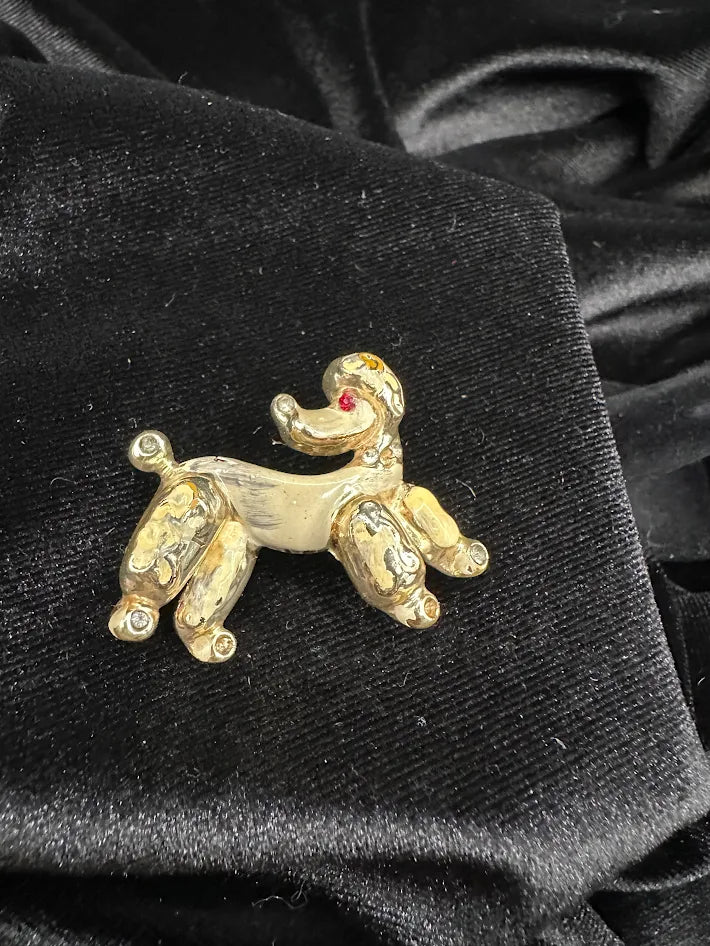 Gold-tone stylized poodle brooch with clear crystal accents and red eye, view 4