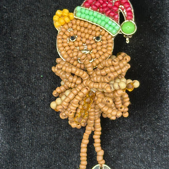 Beaded Gingerbread Man Christmas Brooch with Santa Hat