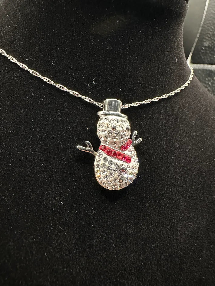 Sterling Silver 925 Snowman Pendant Necklace Crystal Pave 18” Chain Holiday Winter Charm