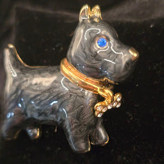 Signed black enamel Scottie dog brooch with blue crystal eye and rhinestone bone on gold-tone collar, view 3