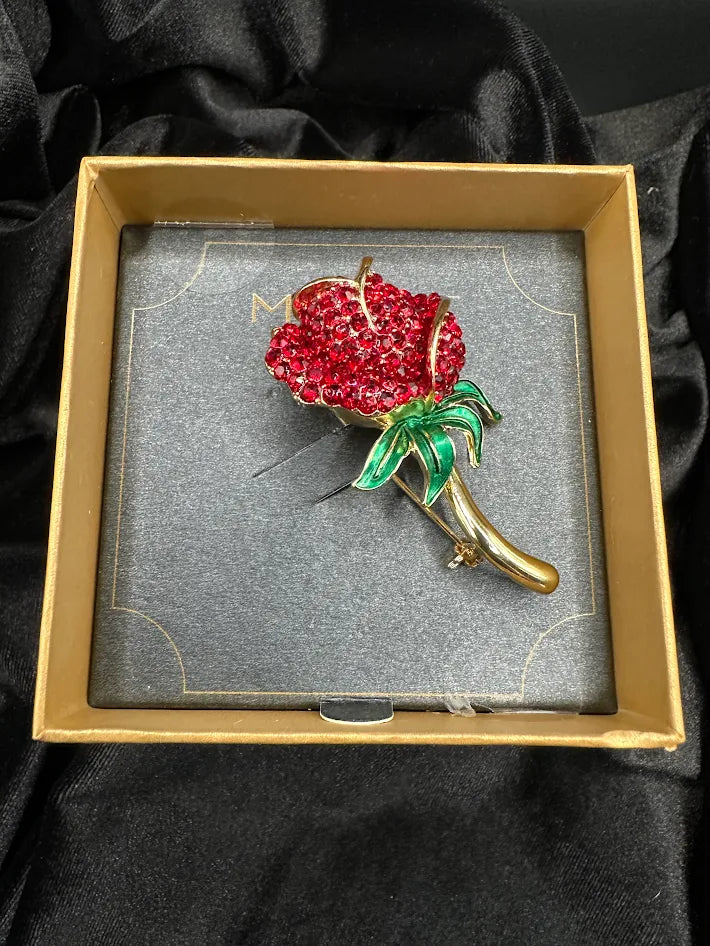 Monet gold-tone rose brooch with red crystal bloom and green enamel leaves, with Monet box, view 3