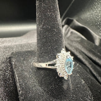 Sterling Silver 925 Blue Topaz Ring Marquise Cut Halo CZ Accents Size 7
