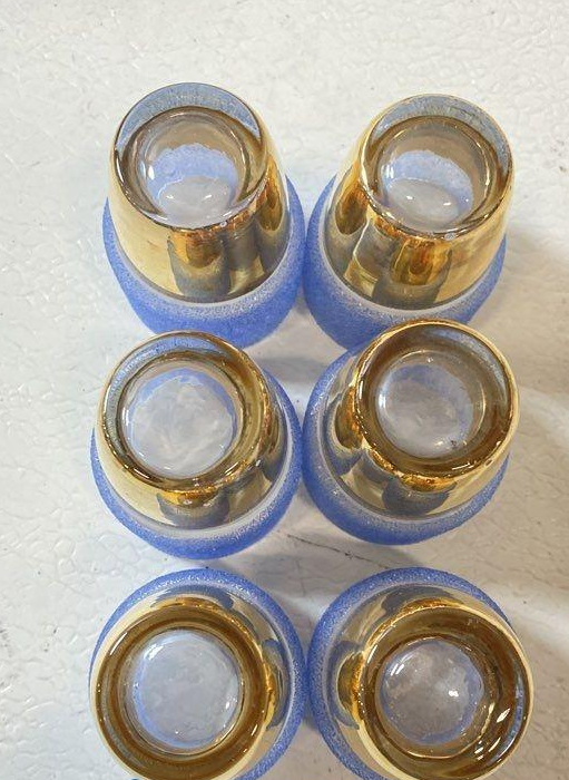 Vintage textured frosted blue glass decanter and six glasses with gold-tone bases, view 6