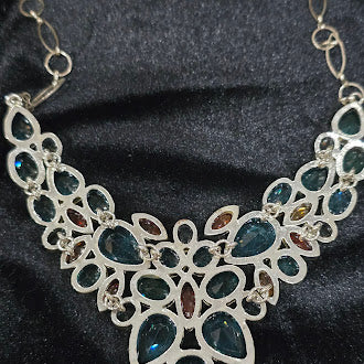 Large Silver Tone Statement Necklace with Multicolor Glass Crystals, Bold Bib Necklace, Dramatic Estate Glam Jewelry