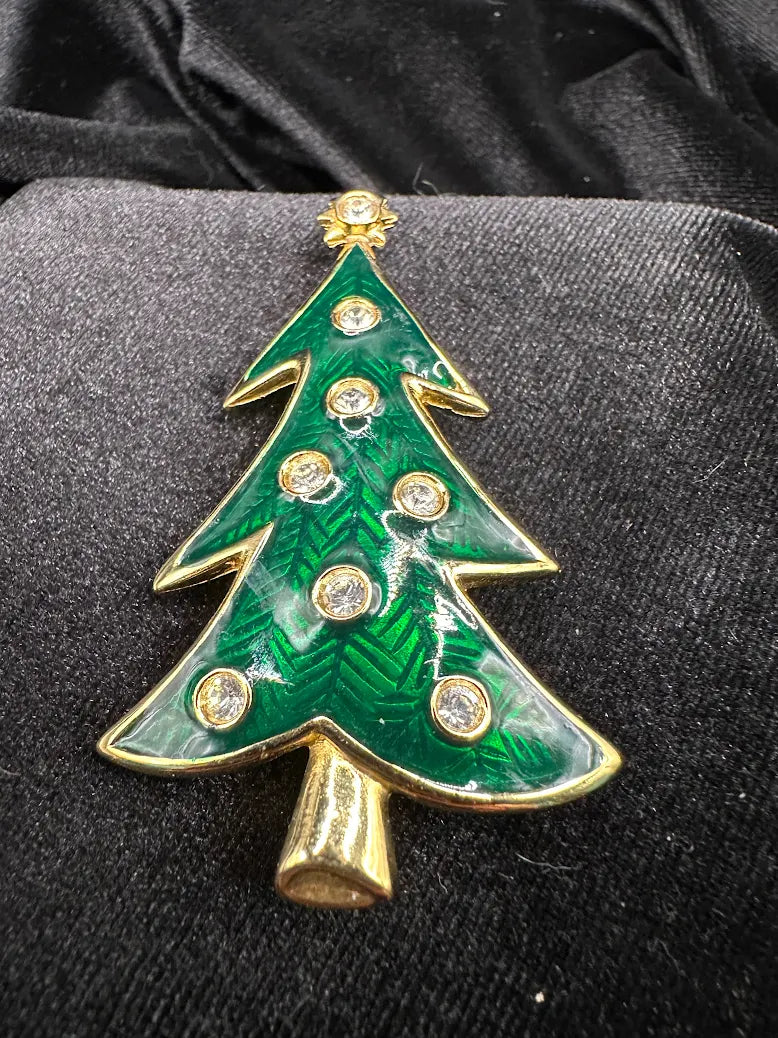 LIA Gold Tone Green Enamel Christmas Tree Brooch Crystal Holiday Vintage Festive Pin