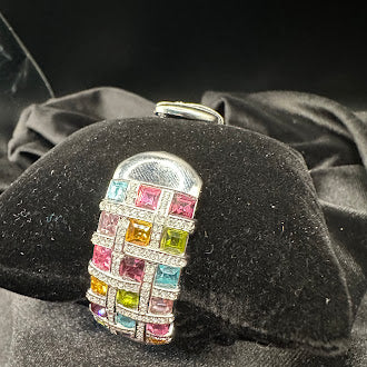 Vintage Wide Multi Color Crystal Grid Bracelet Silver Tone Statement Cuff Rainbow Rhinestone Glam Jewelry