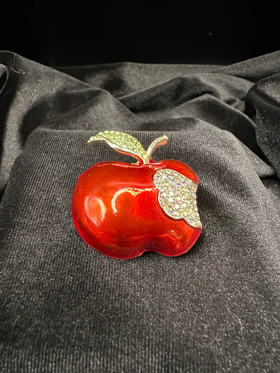 Red enamel-style apple brooch with crystal bite and crystal leaf, view 2